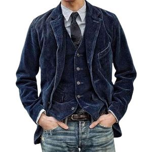 Daviro Vintage Jas En Vest, Heren Vintage Corduroy Jas Casual Notched Lapel Pak Blazer Jas, Vintage Slim Fit Een Knoop Blazer Jassen En Vest Set (M,Donkerblauw)