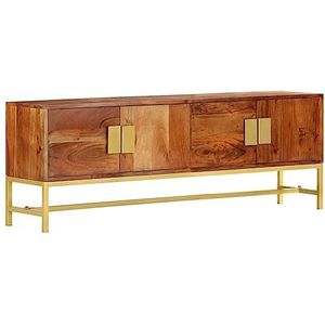 TV-meubel inclusief 4 deuren met handgrepen Massief acaciahout Gepoedercoat staal Geschikt for woonkamer en slaapkamer (Color : Brown and golden, Size : 55.1"" x 11.8"" x 19.7"" (W x D x H))