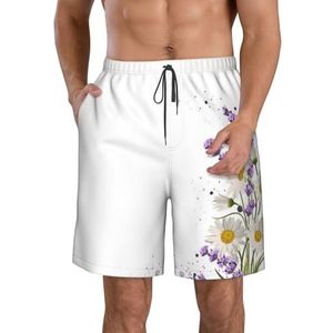 PHTZEZFC Lavendel bloemenprint strandshorts voor heren, lichtgewicht, sneldrogend, zwembroek met trekkoord en zakken, Wit, S
