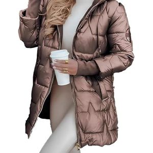 Pufferjack - Dames - Glanzende Donsjas - Bruin - Middellange Rits Lange Mouw