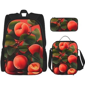 Rode abrikoos rugzak met grote capaciteit, lunchtas, pennenzak, 3-delige set voor kantoor, reizen, camping, uniseks, Zwart, Eén maat