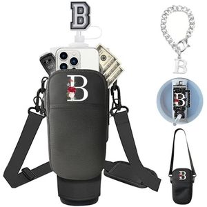 Initial Waterfleshouder met riem voor Stanley Tumbler Accessoires 40 oz 30 oz, Stanley Bekerhouder met portemonnee, bedels en naamplaatje voor deksel en rietjes, afstudeergeschenken, zwart, Zwart, B