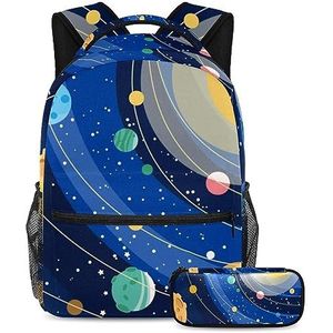 Universe en planeten rugzak met etui, 2-delige schooltasset voor jongens meisjes tieners, reisboekentas voor studenten, Meerkleurig, B：29.4x20x40cm P：19x7.5x3.8cm, Rugzakken