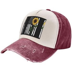 TyEdee Zonnebloem en Amerikaanse vlag print verstelbare papa hoed, veelzijdige honkbalpet, dames outdoor hoed, cadeau voor Vaderdag, Donkerrood, Eén Maat