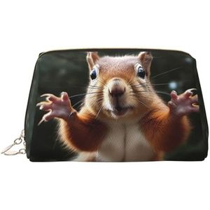 Eekhoorn Grappige Dieren Make-up Tas voor Vrouwen Cosmetische Tassen Lederen Reizen Make-up Case Organizer Waterdichte Make Up Pouch Open Platte Toilettas Draagbare Opbergtas voor Reizen, Goud, Eén