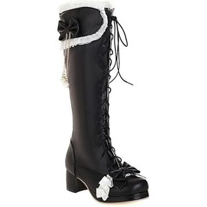 Hoge Studentenlaarzen Lange Dameslaarzen Met Blokhak Zoete Veterlaarzen Met Strik + Ruches Winter Warme Snowboots Cosplay Lolita Schoenen for Buiten, Feest (Color : Black, Size : 42 EU)