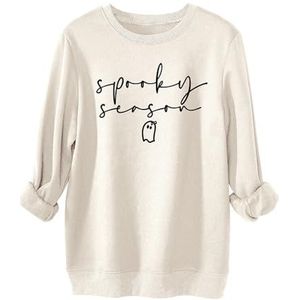 MLZHAN Spooky Seizoen Halloween Sweatshirt Vrouwen Leuke Ghost Print Shirts Ronde Hals Lange Mouw Truien Herfst Winter Jas Top, Beige, XL