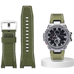Canvas lederen horlogeband geschikt for Casio G-SHOCK GST-B100 S130 W300GL 400G W330 GST-W120L s120 W130L S100 Serie horloge accessorie (Color : Green canvas silver, Size : 26mm)