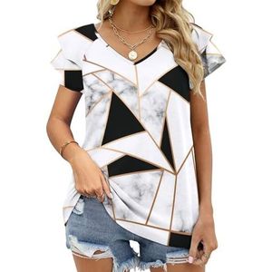 Marmer met Gouden Geometrische Grafische Blouse Top Voor Vrouwen V-hals Tuniek Top Korte Mouw Volant T-shirt Grappig