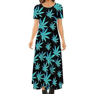Weed Leaf dames zomer casual korte mouwen maxi-jurk ronde hals bedrukte lange jurken 2XS