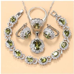 Oorbellen 925 zilveren ketting en oorbellen sieraden sets for vrouwen mode-accessoires Groen zirkoon bedelarmband en ring sets Oorbellen voor dames (Color : Olive Green 4PCS, Size : 10)