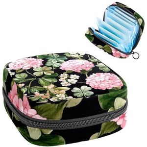 1 x maandverband, grote maandverband, organizer, herbruikbare eerste menstruatietas voor meisjes, dames, dames, 17 x 17 x 12 cm, roze bloemen, klaver en witte wilde bloemen