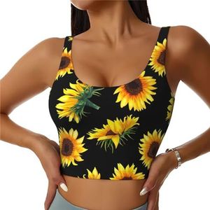 Zonnebloem Bloeiende Bloemen Planten Zwart en Geel Print Casual Wear Vrouwen Sport Vest Yoga Vest Workout Vest Voor Vrouwen Lichtgewicht Trendy, Zwart, S