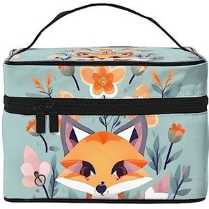 Leuke grote bruine cartoon uilen afdrukken make-up tas,Draagbare cosmetische tas,Grote capaciteit reizen make-up case organizer, Schattige dieren vos bloemen, Eén maat