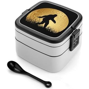 Bigfoot Sasquatch Golden Moon Bento Lunchbox, dubbellaagse alles-in-één, stapelbare lunchcontainer, inclusief lepel met handvat