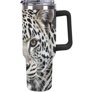 RTFGHJS 40 oz Tumbler Zwart-wit Luipaard Gezicht Geïsoleerde Tumbler Reizen Koffiemok met Rietjesdeksel Roestvrijstalen Waterfles Vacuüm Geïsoleerde Tumbler voor Sport Werk Auto Reizen Weekends