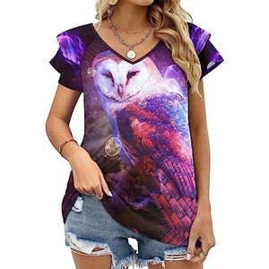 Universe Owl Casual tuniek tops ruches korte mouwen T-shirts V-hals blouse T-shirt