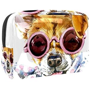 Leuke hond met bril sjaal afdrukken reizen cosmetische tas voor vrouwen en meisjes, kleine waterdichte make-up tas rits zakje toilettas organizer, Meerkleurig, 18.5x7.5x13cm/7.3x3x5.1in, Modieus