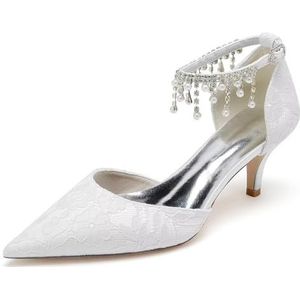 JOEupin Vrouwen puntige neus kant bruiloft pumps voor bruid strappy bruiloft schoenen avond prom party jurk schoenen, Wit, 41 EU
