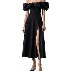 Gyios dress Puff Sleeve White Dress Off Shoulder Cut Out Tie Up Side Split Ruched Long Dress Robe Femme Summer Dress For Women-black-l