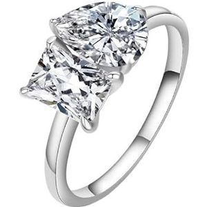 Moissan Diamond Double Stone Ring Dames 925 zilveren vierkante druppelvormige ring (Color : White Golden, Size : 7)