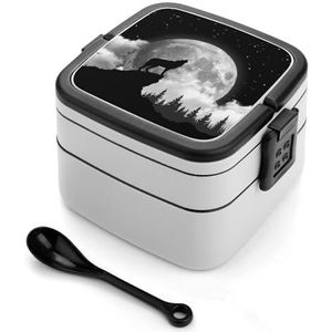 Wolf Howling at The Full Moon Bento Lunchbox, dubbellaagse All-in-One stapelbare lunchcontainer inclusief lepel met handvat