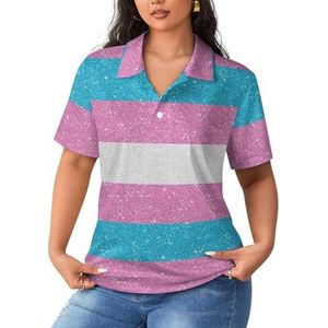 Glitter Transgender Pride Vlag Vrouwen Sport Shirt Korte Mouw Tee Golf Shirts Tops Met Knoppen Workout Blouses