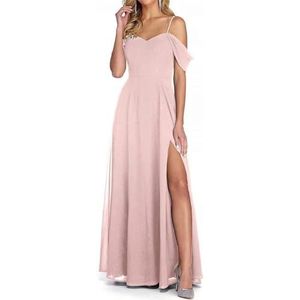 Off-shoulder bruidsmeisjes jurken lange chiffon formele prom avondjurk voor vrouwen, Pastel Roze, 40