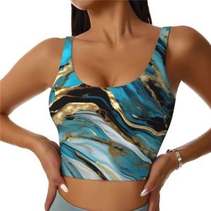 TTYDOKLA Turkoois Blauw Goud Marmer Print High Impact Sport BH's, Workout Tops met Ingebouwde BH, voor Fitness, Hardlopen en Yoga, Zwart, S