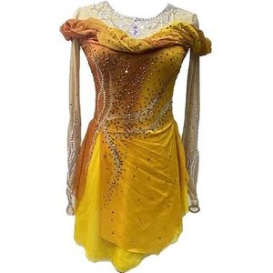 Nnnydjy Schaatskleding Met Lange Mouwen Kunstschaatswedstrijdjurk Voor Dames Handgemaakt Turnpakje Voor Meisjes Klassieke Ronde Hals,Geel,11_13Years