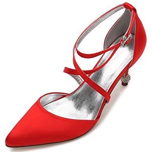 Dames Court Schoenen Kitten Hakken met Puntige Teenpartij Bruidsschoenen Satijnen Pumps met Cross Strap Bruids Schoenen,Rood,40 EU