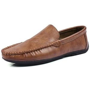 Loafers for heren Ronde neus Effen kleur Veganistisch leren loafer schoenen Platte hak Antislip Lichtgewicht wandelschoenen Instappers(Brown,43 EU)