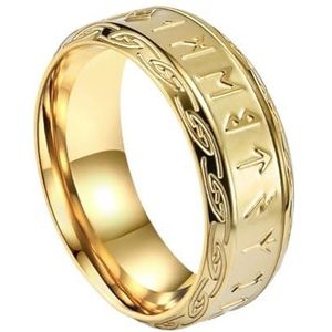 Nordic Viking Rune Band Ring Voor Mannen Vrouwen - 8MM Brede Roestvrijstalen Futhark Runes Ring - Handgemaakte Middeleeuwse Vintage Gepolijste Trouwring Verlovingssieraden (Color : Gold, Size : 08)