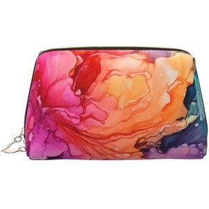 Kleurrijke Aquarel Schilderen Make-up Tas Voor Vrouwen Cosmetische Tassen Lederen Reizen Make-up Case Organizer Waterdichte Make Up Pouch Open Platte Toilettas Draagbare Opbergtas voor Reizen, Goud