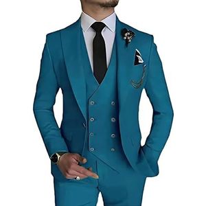 Leader of the Beauty 3 Stuks Pakken Voor Mannen Slim Fit Pak Een Knop Smoking Double Breasted Pak Bruiloft Casual Wear, Turkoois, 46