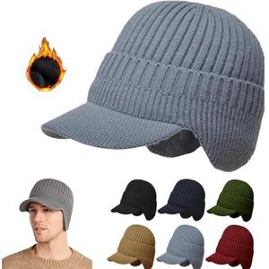 Hemzira Warm Ear Protection Knitted Hat, Hemzira Knitted Hat, Mens Winter Warm with Ear Flaps Knitted Hat (One Size,Gray)