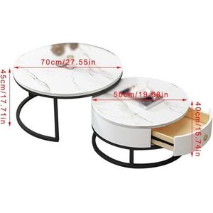 GEIRONV Ronde Nesting End Table Set van 2, met Lade met Metalen Frame Stapelen Bijzettafels voor Woonkamer Slaapkamer Combinatiesalontafel Nesttafel (Color : White black, Size : 70+50cm)