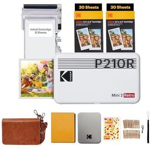 KODAK Mini 2 Retro 4PASS draagbare fotoprinter (5,3 x 8,6 cm) + accessoirepakket en 68 vellen, wit