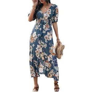 CHOYES Chiffon A-lijn lange jurk met bloemenprint, V-hals met korte mouwen voor dames, Blauw, XL