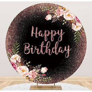 Renaiss 1.8m Gelukkige Verjaardag Polyester Ronde Achtergrond Bloemen Roze Glitter Zwarte Fotografie Achtergrond Meisjes Vrouwen Verjaardagsfeest Decoratie Taart Tafel Banner Foto Rekwisieten