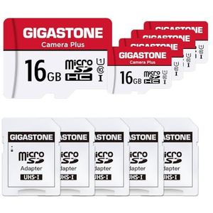 Gigastone Geheugenkaart 16 GB set van 5 kaarten, camera plus serie, snelheid tot 85 MB/s. Ideaal voor Full HD video Gopro drone camera, U1 C10 Micro SDHC-kaart met mini-hoes en SD-adapter.