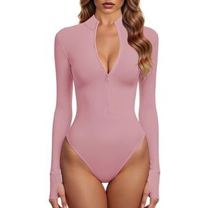 GJY Body's voor dames, eendelige ritssluiting aan de voorkant, lange mouwen, bovenstuk, jumpsuits, Schattig roze, S