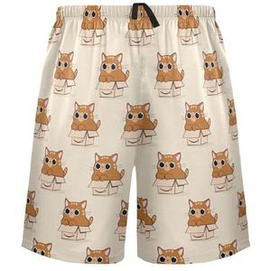 LI ZHI XIN Herenpyjamabroek, korte pyjamabroek, zomer casual shorts, elastische tailleband met trekkoord, rechte losse pasvorm met 2 zakken, S-XXL kattencartoonpatroon, Meerkleurig, S