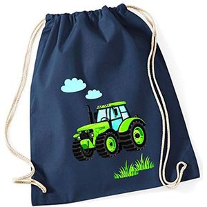Stoffen tas voor jongens, motief tractor bulldog met wolken en gras, schoenenzak, sporttas om aan te trekken, voor kinderen, gymtas met koord in blauw, grijs, groen (donkerblauw), Donkerbalu, Vakantie