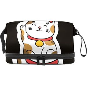 Grote capaciteit reizen cosmetische tas,Leuke Japan Lucky Cats Kitty zwarte achtergrond,Make-up tas,Waterdichte make-up tas organisator, Meerkleurig, 27x15x14 cm/10.6x5.9x5.5 in