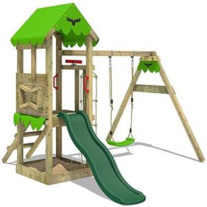 FATMOOSE speeltoestel klimtoestel FriendlyFrenzy Fun XXL met schommel & groene glijbaan, outdoor speeltoestel voor kinderen met zandbak, ladder voor de tuin