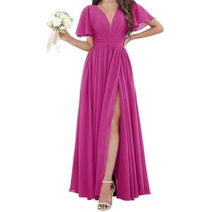 Chiffon bruidsmeisjesjurken voor dames, voor bruiloft, met split, avondgalajurken, cocktailjurken, grote maten, roze (hot pink), 32