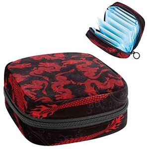 Maandverband Opbergtas, Menstruatie Cup Pouch Tampon Bag, Periode Pads Houder Organizer voor Vrouwen Meisjes, Chinees Draak Rood Patroon