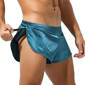Mens Satin Jockstrap Boxer Shorts Grote Split Side Pyjama Bottom Silky Lounge Shorts Nightwear Trunks Athletic Supporters (Color : Green, Size : M)