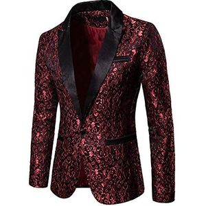 DAIHAN Heren Paisley Jacquard Bloemen Bruiloft Blazer Sakko Glitter Blazer Slim Fit Bruiloft Smoking, rood, L